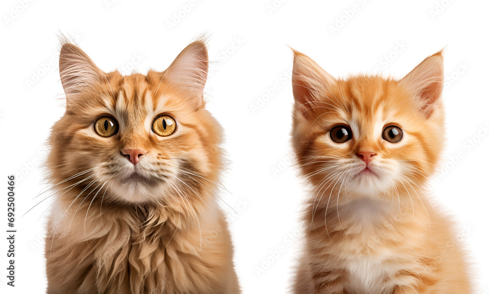 Set of Orange Cats: Featuring a Kitten and an Adult in Close-Up, Isolated on Transparent Background, PNG