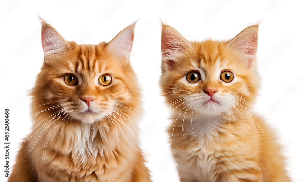 Set of Orange Cats: Kitten and Adult, Captured in Close-Up, Isolated on Transparent Background, PNG