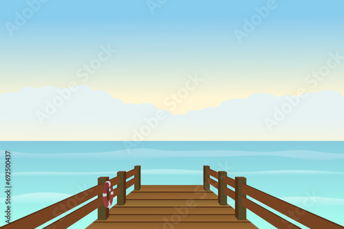Seashore wooden pier with life-buoy on sunny day. Vector illustration.