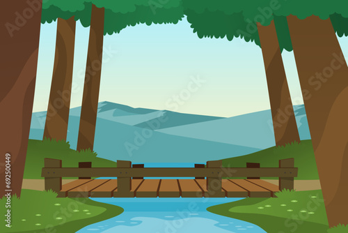 Small wooden bridge in the forest with small river and mountains. Vector illustration.
