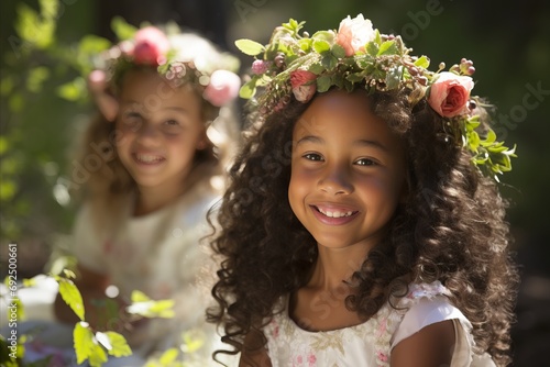 Beautiful Girls Wearing Flower Crowns Smiling and Looking at the Camera in a Natural Setting