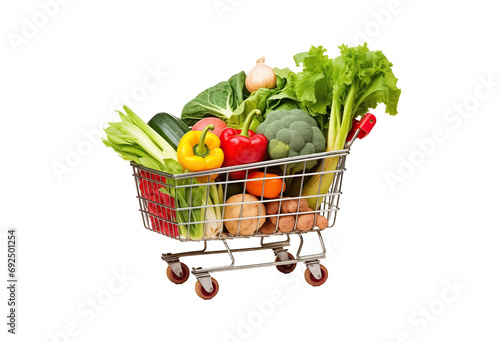 Supermarket shopping cart full of fresh vegetables and fruits on transparent background. Healthy organic food concept