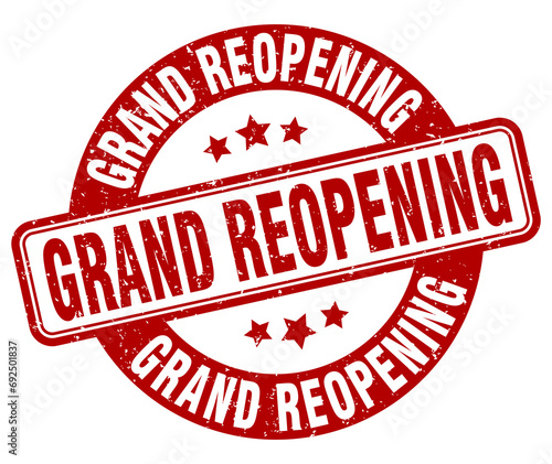 grand reopening stamp. grand reopening label. round grunge sign photo