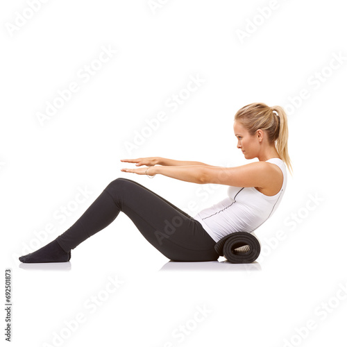 Woman, sit up and exercise with mat in studio profile, stretching and stomach for fitness by white background. Girl, strong abdomen and workout for health, thinking or muscle in mockup space on floor