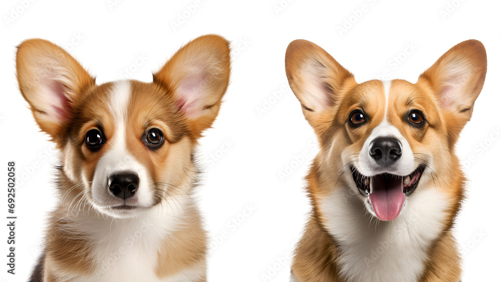 Set of Welsh Corgi: Close Up of Puppy Dog and Adult Dog, Isolated on Transparent Background, PNG
