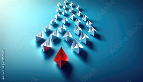 Red paper boat leading a fleet of small white origami ships, leadership concept on blue