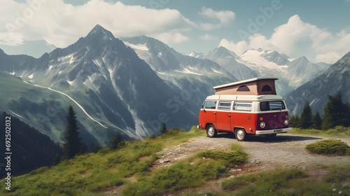a camper van in the mountains in summer. outdoor nature vacation photo