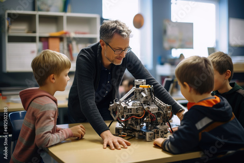 Mature male science teacher standing near his students and demonstrating their own mechanical robot vehicle in the classroom.