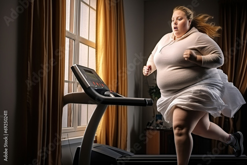 Fat overweight woman in sportswear running on treadmill at home.