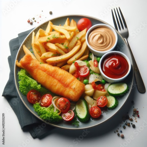 fish and chips with fries isolated white