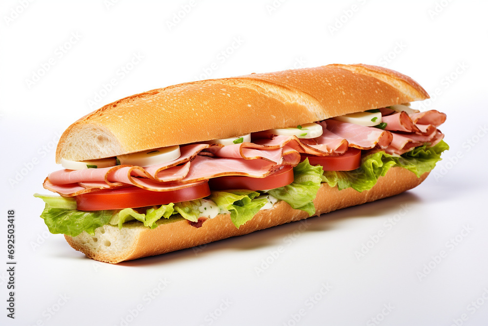 Fresh baguette sandwich with ham, tomato, lettuce on white background Fresh baguette sandwich with ham, tomato, lettuce on white background