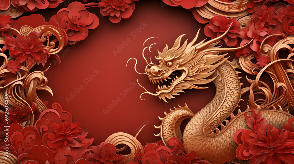 Golden Chinese new year dragon, on bright red background with copy space. Happy new year 2024
Golden Chinese new year dragon, on bright red background with copy space. Happy new year 2024