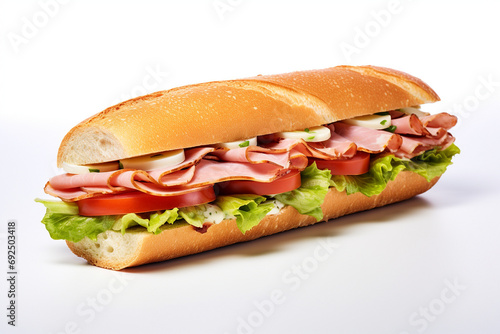 Fresh baguette sandwich with ham, tomato, lettuce on white background