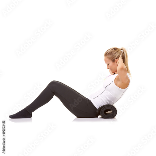 Woman, situp and training with mat in studio profile, stretching and stomach for fitness by white background. Girl, strong abdomen and workout for smile, thinking or muscle with mockup space on floor