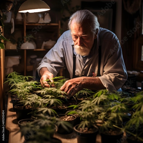 An elderly person taking care of a medical cannabis plantation.