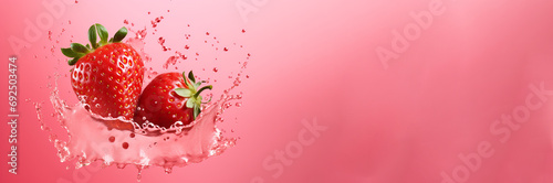 Fresh juicy strawberries with splashes on pink background photo