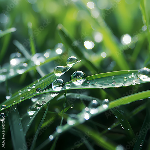 A close-up of dewdrops on delicate blades of grass