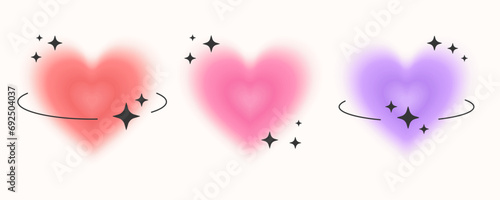 Glowing hearts with frames, Y2K Valentine day stickers, blurred aura love symbols in retro aesthetic. Vector illustration. photo