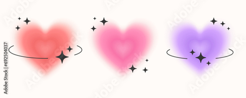 Glowing hearts with frames, Y2K Valentine day stickers, blurred aura love symbols in retro aesthetic. Vector illustration.