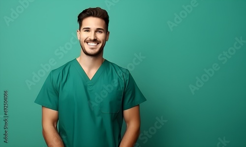 Attractive man wearing medical scrubs, isolated on green background. Place holder, copy space