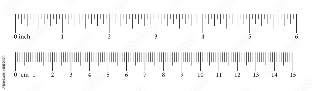 Set of scale with 6 inch, 15 centimeter with markup and numbers. Measuring charts of metric, imperial units. Collection of distance, height, length measurement tool templates. Sewing tool. Vector. - obrazy, fototapety, plakaty 