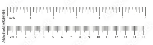 Set of scale with 6 inch, 15 centimeter with markup and numbers. Measuring charts of metric, imperial units. Collection of distance, height, length measurement tool templates. Sewing tool. Vector. photo