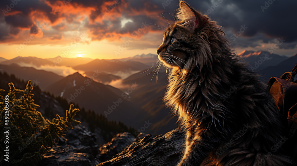 Naklejka premium Big mountain cat sitting on top in the sunset