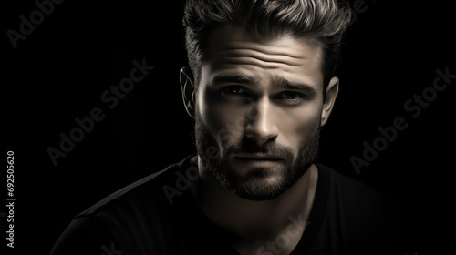 Portrait of a handsome young man with a beard on a black background photo