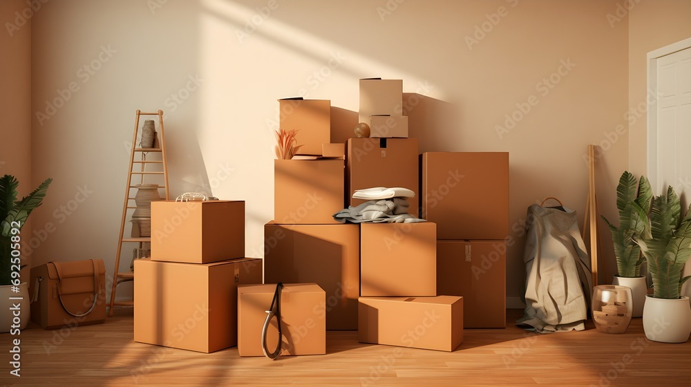 Cardboard boxes and cleaning things for moving into a new home. Cardboard boxes and cleaning things for moving into a new home.