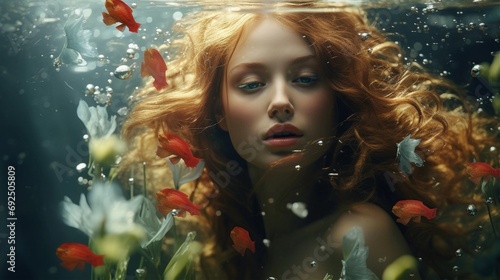 Red-haired woman adorned with flowers underwater