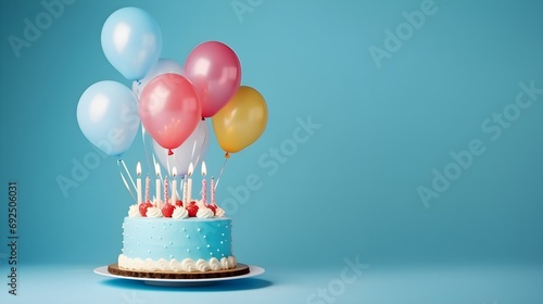 celebrate woman hand hold birthday cake greeting surprise party standing on blue background with balloons party