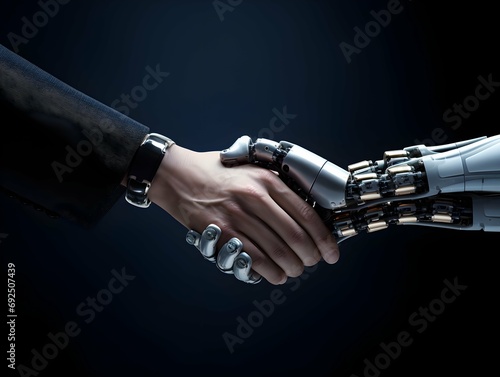 Closeup of handshake between human and robotic arm, symbol of future technology and working together. 