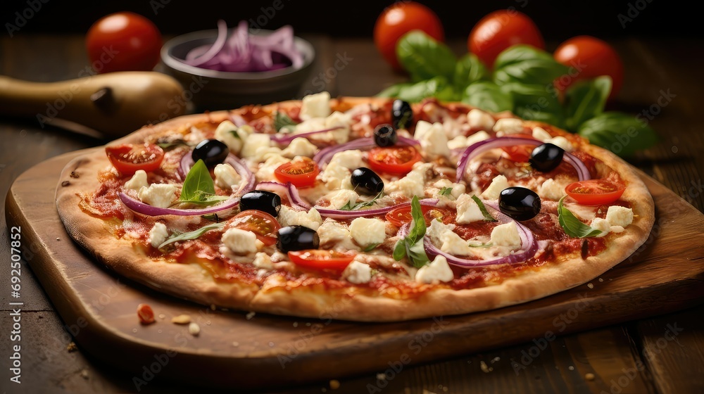 olives mediterranean pizza food illustration tomatoes basil, feta dough, olive oil olives mediterranean pizza food