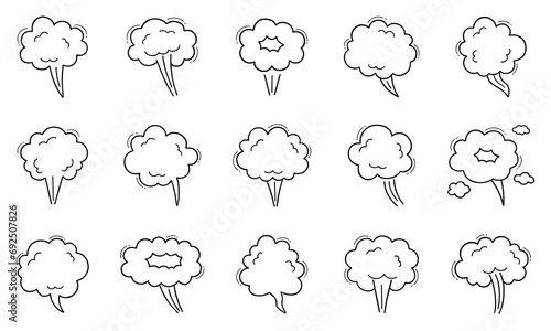 Smoke, boom bubble, steam doodle set. Comic speed cloud, explosion, blow wind, smoke puffs in sketch style. Hand drawn vector illustration isolated on white background