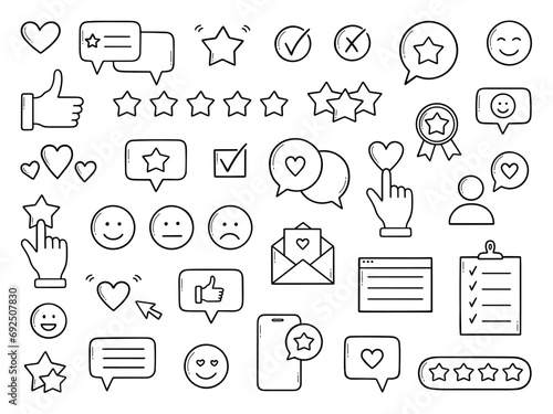 Feedback doodle set. Quick Response, rating, review, testimonials, support service, emotion symbols in sketch style. Hand drawn vector illustration isolated on white background