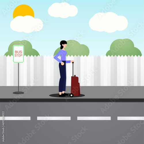 Capture the essence of city life with detailed illustration featuring a girl patiently waiting at bus stop. Exactly crafted, artwork portrays the quiet anticipation amid the urban hustle and bustle.