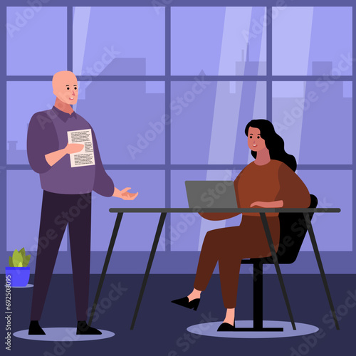 Showcase the dynamics of a collaborative work environment with this detailed illustration featuring a man actively working on a laptop, while another stands nearby for discussion.