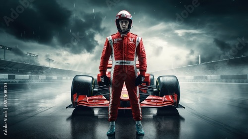 Formula One racing driver before the start of competition on track. Banner with copy space photo