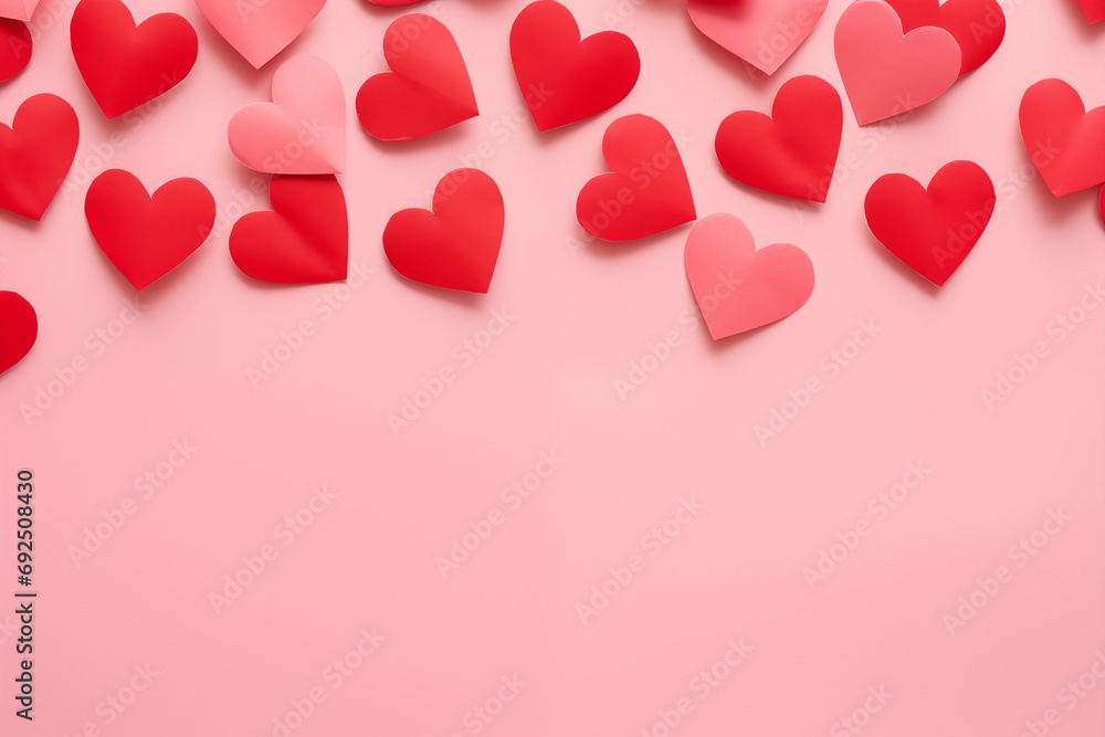 Valentine's day background with red and pink hearts on white background, flat lay,
