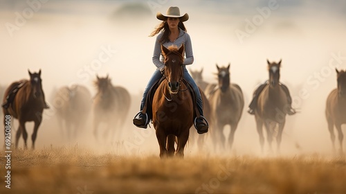 Cattle drivers. A man in a cowboy hat while driving a herd of horses. photo