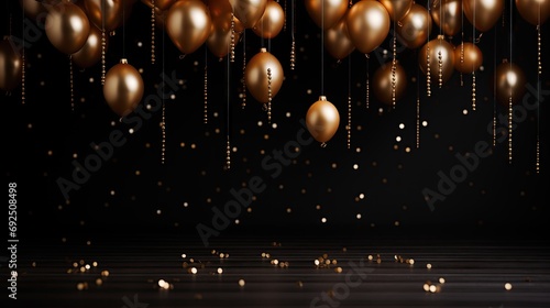 Christmas composition with golden baubles and decorations on dark background with copy space