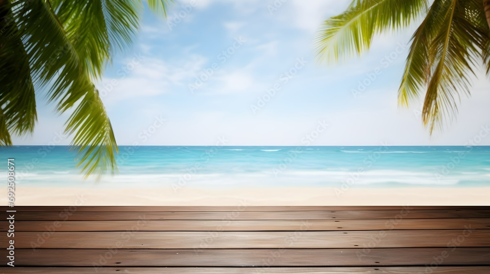 Empty wooden table with tropical beach theme in background, copy space
