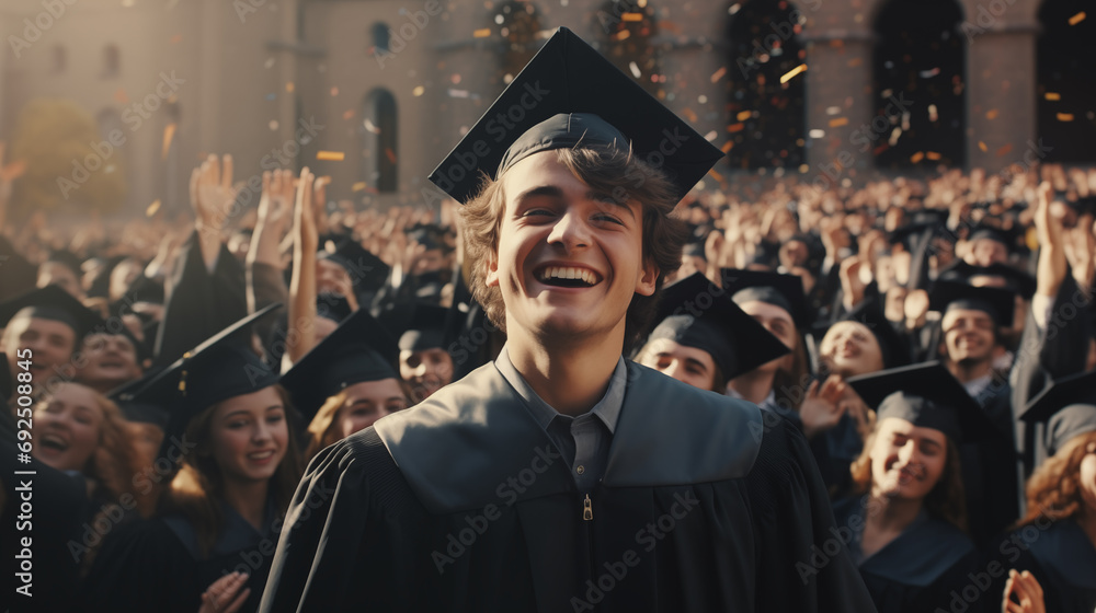 Happy male student in a black square cap and gown on graduation day.
Happy male student in a black square cap and gown on graduation day.