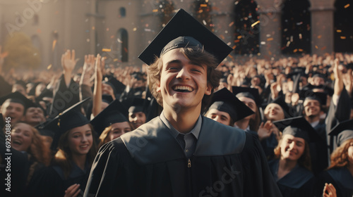 Happy male student in a black square cap and gown on graduation day. 
 photo