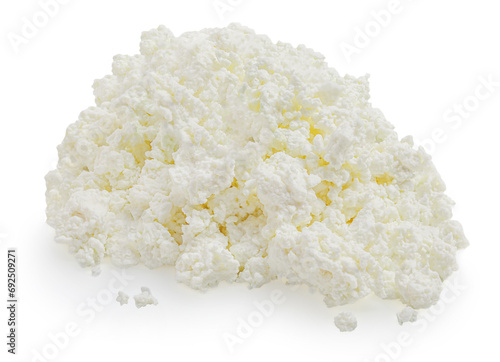 Cottage cheese isolated on white background. Fresh cottage Cheese (curds or whey) is a curdled milk, diary product. Close up.