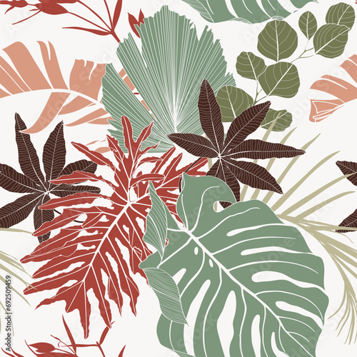 Seamless tropical pattern with line leaves and plants. Seamless exotic pattern with tropical plants. Exotic wallpaper. Trendy summer Hawaii print.