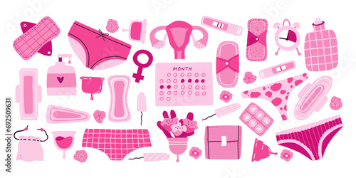 Set of female menstrual hygiene isolated on white. Doodle-style menstrual pads and tampons, pills, menstrual cups, period tracking calendar, and more photo