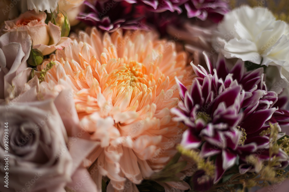 Detail close up of chrysanthemums and rose bunch. Bright festive bouquet. A holiday gift. Blurred background. Selective focus. Detail close up of chrysanthemums and rose bunch. Bright festive bouquet. A holiday gift. Blurred background. Selective focus.