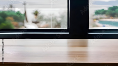a wooden table sitting in front of a window  windowsill  sliding glass windows  window  vignette of windowsill. generative ai