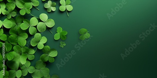 Green clover leaves on green background, copy space photo